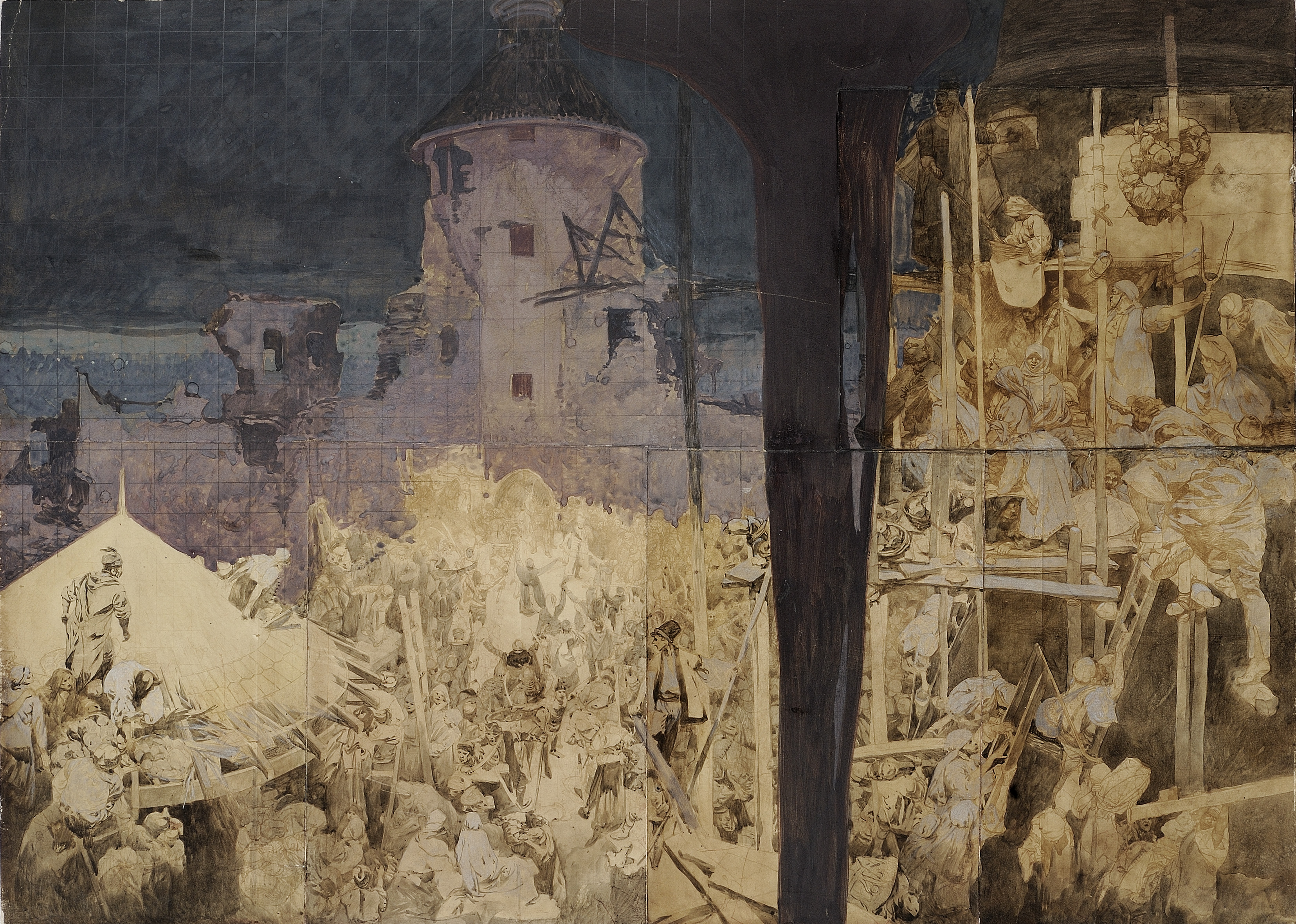 Alphonse Mucha Studio per l’Epopea slava (tela n. 14): Nikola Zrinski difende la città di Sziget 1914 Acquerello e gouache su otto fotografie di disegni unite insieme, 31x44 cm © Mucha Trust 2016