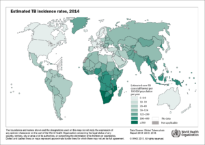 Incidenza mondiale Tubercolosi, 2014. Fonte World health Organization 