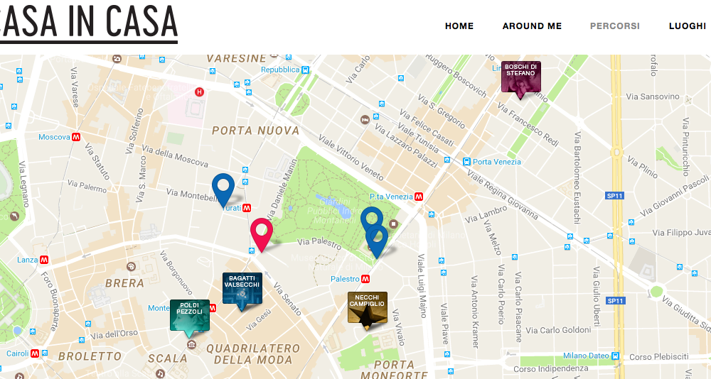 Screenshot della mappa con gli itinerari su casemuseo.it