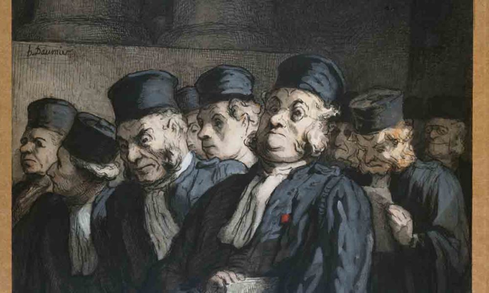 Honoré Daumier (Marseille 1808 – Valmondois 1879) Avvocati e giudici, prima dell’udienza (Gli Avvocati), circa 1862 Carboncino, inchiostro di china, acquarello e tempera su carta, foglio: 160 x 216 mm DR 10609