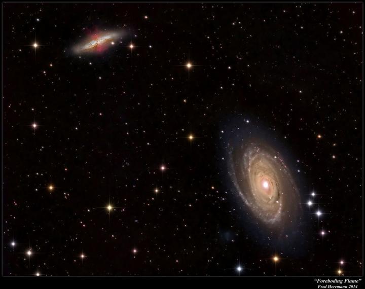 M81 (basso a dx) e M82 (alto a sx), una coppia di galassie vicine tra le quali può avvenire trasferimento di materia: gas espulso da esplosioni di supernova in M82 può viaggiare attraverso lo spazio e alla fine contribuire alla crescita di M81