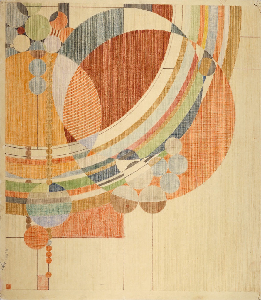 Frank Lloyd Wright. March Balloons. 1955. Drawing based on a c. 1926 design for Liberty magazine. Colored pencil on paper, 28 1/4 x 24 1/2" (71.8 x 62.2 cm). © The Frank Lloyd Wright Foundation Archives (The Museum of Modern Art | Avery Architectural & Fine Arts Library, Columbia University, New York)